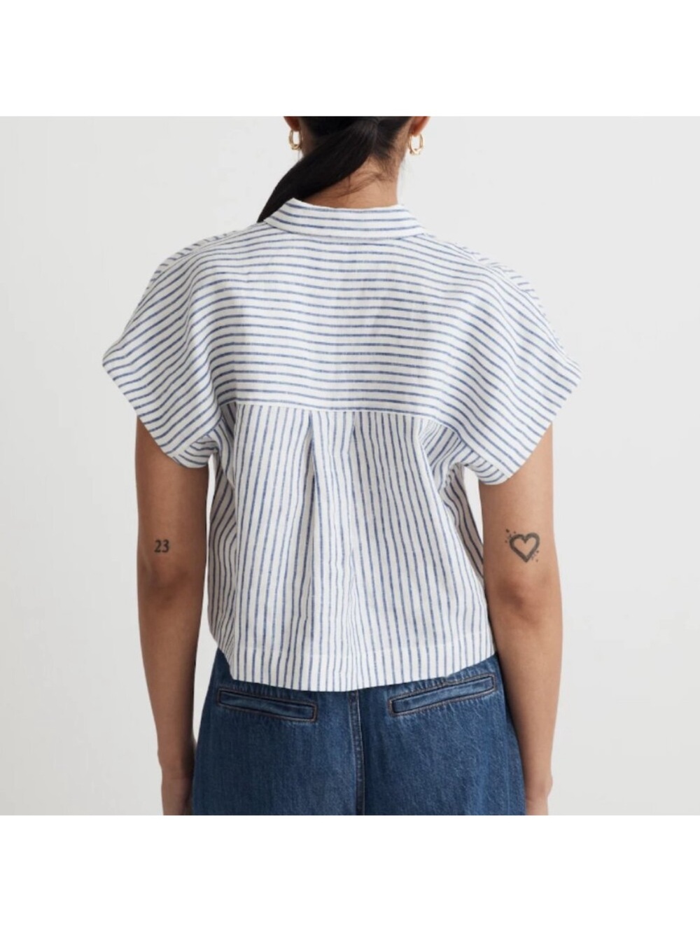 Madewell Dolman Blue and White Striped Cropped Button-Down Shirt - Picture 2 of 6